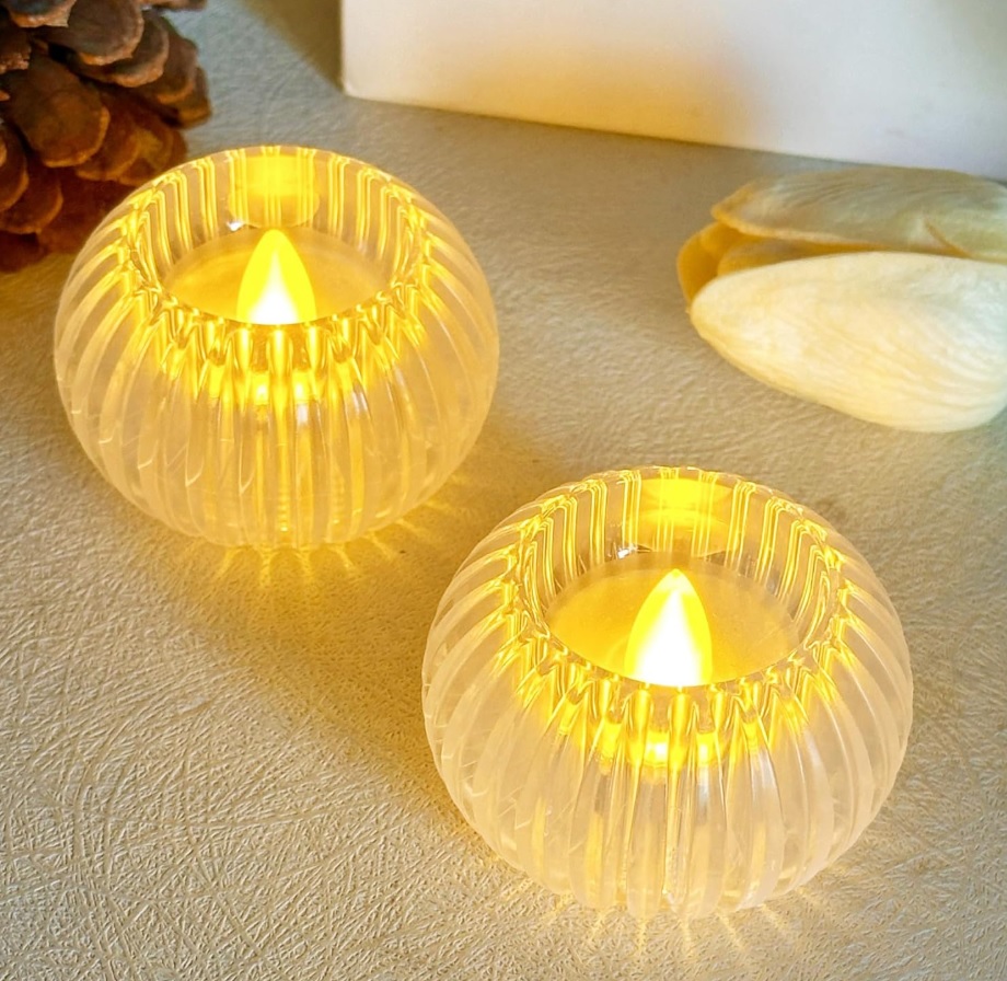 Creative Vertical Striped Ball Shape Battery Operated LED Candle Transparent Acrylic Flameless & Smokeless LED Tealight Night Lamp for Home Decoration, Diwali, Halloween, Christmas 